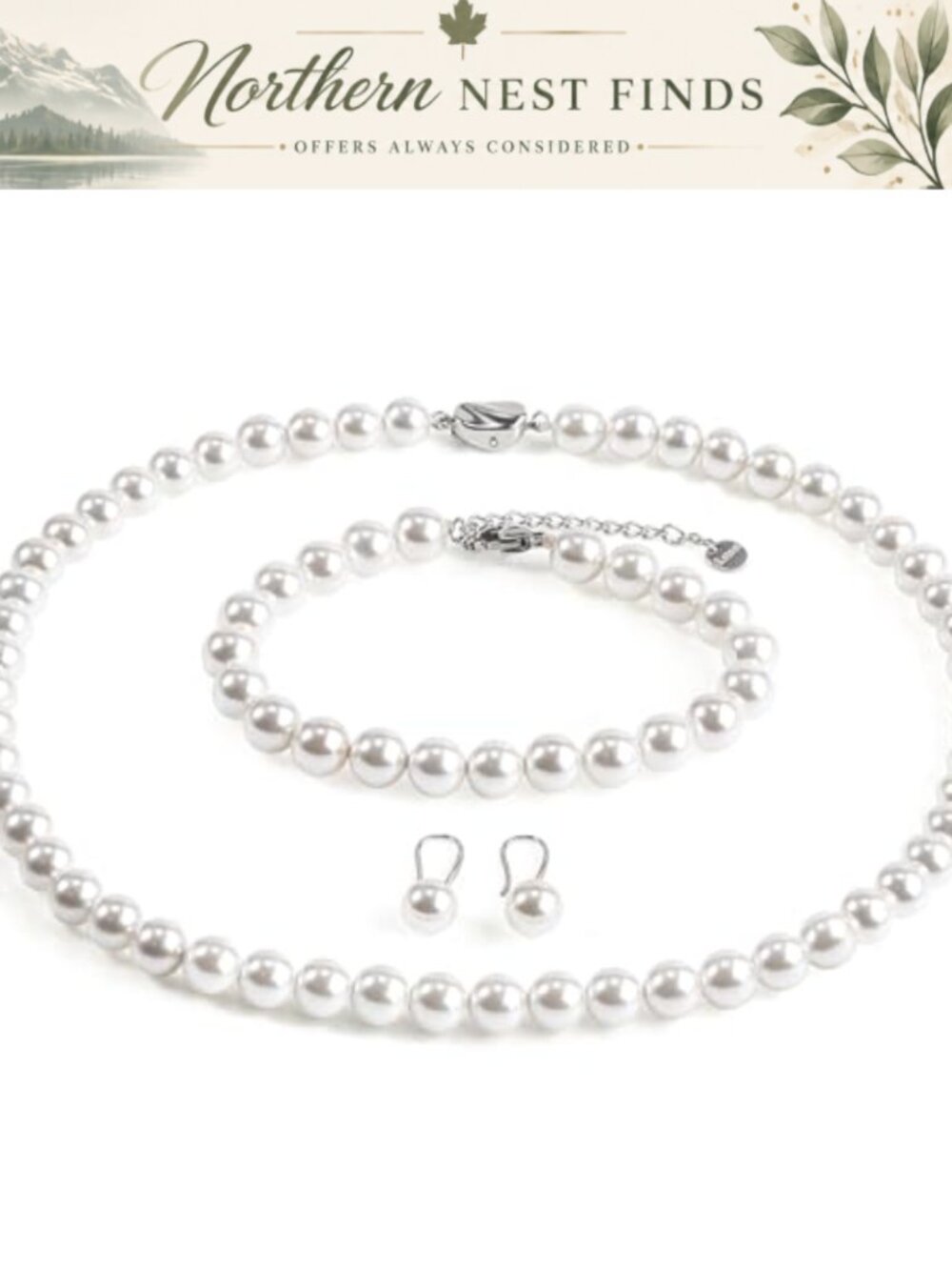 8mm White Shell Pearl Necklace Bracelet Earrings Set 14K Gold 3 Piece
